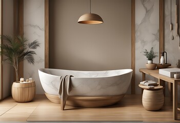 Boho Bathroom with 3D Japandi Accents: Farmhouse Sink, Wooden and Beige Decor, Themed Tub, White Render, and Marble Elements
