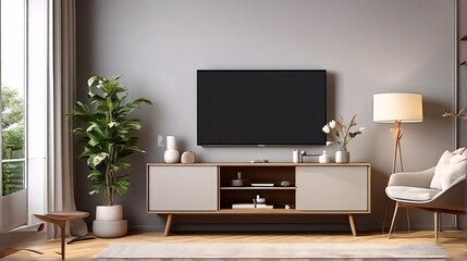 Modern Living Room Mock-Up with TV Cabinet and Decor