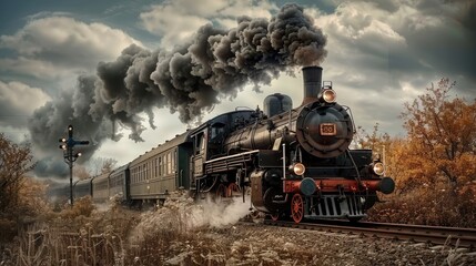 Obraz premium Antique steam train with ancient locomotive and old carriages running on the tracks in the afternoon countryside. thick steam from the train