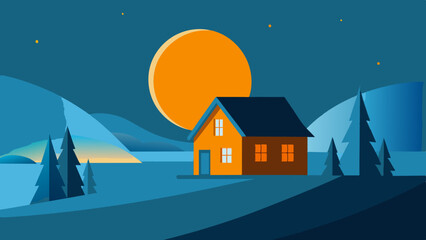 Naklejka premium A house basks in the ethereal beauty of a star-filled sky, painting a mesmerizing evening scene that is truly picturesque.