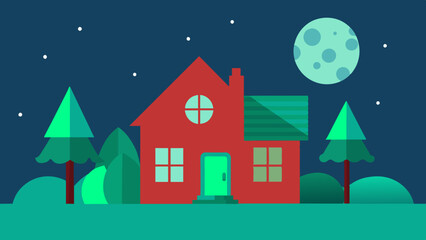 Fototapeta premium A tranquil night landscape showing a house under a star-filled sky with a luminous moon.
