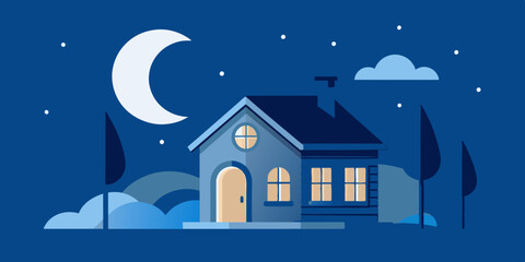 Naklejka premium A tranquil night landscape showing a house under a star-filled sky with a luminous moon.