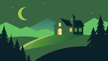 Fototapeta premium An enchanting nighttime view of a house surrounded by twinkling stars and a glowing moon.