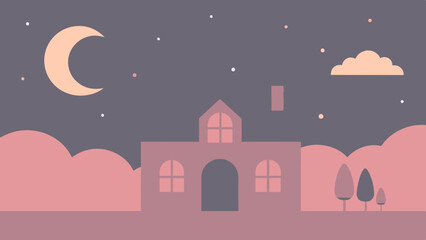 Fototapeta premium An enchanting nighttime view of a house surrounded by twinkling stars and a glowing moon.