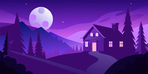Fototapeta premium An enchanting nighttime view of a house surrounded by twinkling stars and a glowing moon.