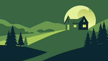 Naklejka premium An enchanting nighttime view of a house surrounded by twinkling stars and a glowing moon.