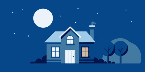 Fototapeta premium An enchanting nighttime view of a house surrounded by twinkling stars and a glowing moon.