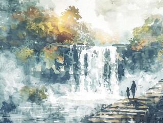 Waterfall Is Depicted In A Painting With A Man And A Woman Walking On A Path Near It. The Painting Has A Serene And Peaceful Mood, With The Waterfalls