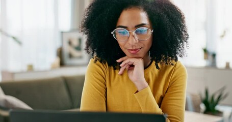Happy, businesswoman and laptop for thinking and learning for remote work, research and positive feedback. Female person or editor and tech for email, connection and writing proposal or blog article - Powered by Adobe