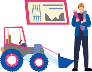 The worker is standing next to the tractor.