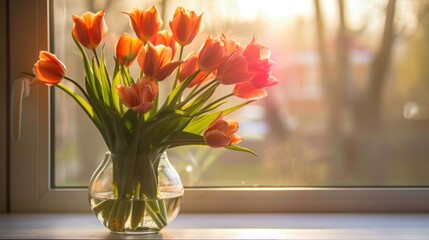 A vase of bright orange tulips on a windowsill, with sunlight streaming through, emphasizing warmth and vibrancy. --ar 16:9 --style raw Job ID: 27d53cef-1c58-4c22-8fd6-2b856d489436