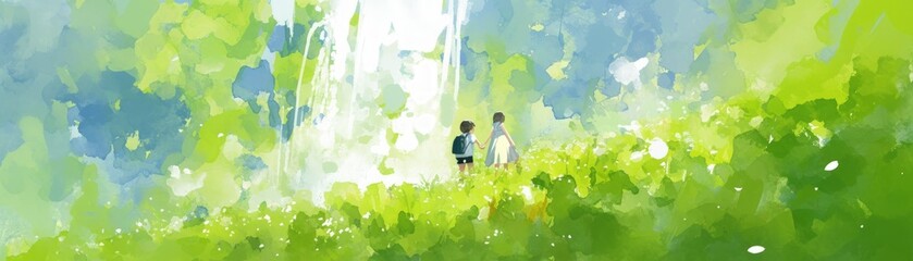Two Children Are Walking Through A Lush Green Field. The Scene Is Peaceful And Serene, With The Children Enjoying The Beauty Of Nature