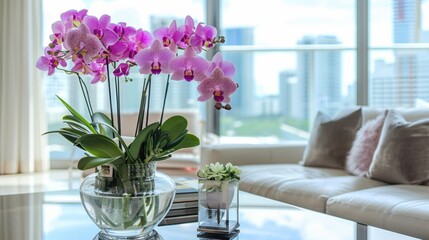 A vase of purple orchids on a sleek, modern coffee table, in a high-rise apartment with city views, showcasing luxury and sophistication.