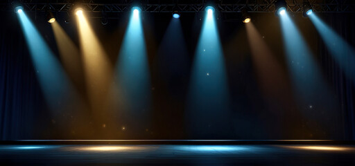 Empty stage with colorful spotlights and podium, Golden Stage mockup for advertising, Luxury gold award night background