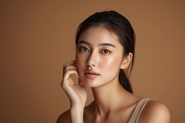 A beautiful Asian woman with her hand touching the side of her face, wearing a light beige sleeveless top, posing for a beauty commercial in a studio setting against a brown background