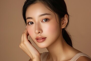 A beautiful Asian woman with her hand touching the side of her face, wearing a light beige sleeveless top, posing for a beauty commercial in a studio setting against a brown background