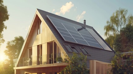 Close-up of new suburban house with a photovoltaic system on the roof. Modern eco friendly passive house with solar panels on the gable roof, with sunlight in the morning vibes. Eco friendly concept