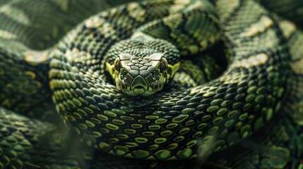 Fototapeta premium Captivating Close-up Shot of a Snake Head in Lush Foliage. Wildlife and Nature Exploration concept
