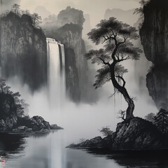 Chinese traditional painting of waterfall landscape mountain and trees