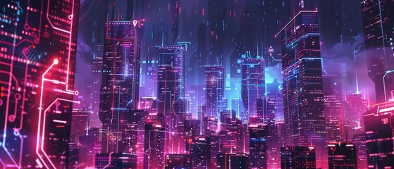 Fototapeta premium Modern futuristic digital circuit city building background. 