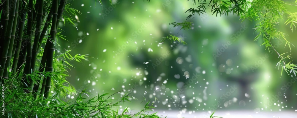 Poster serene bamboo forest with serene green foliage, illuminated by sunlight through the leaves, creating