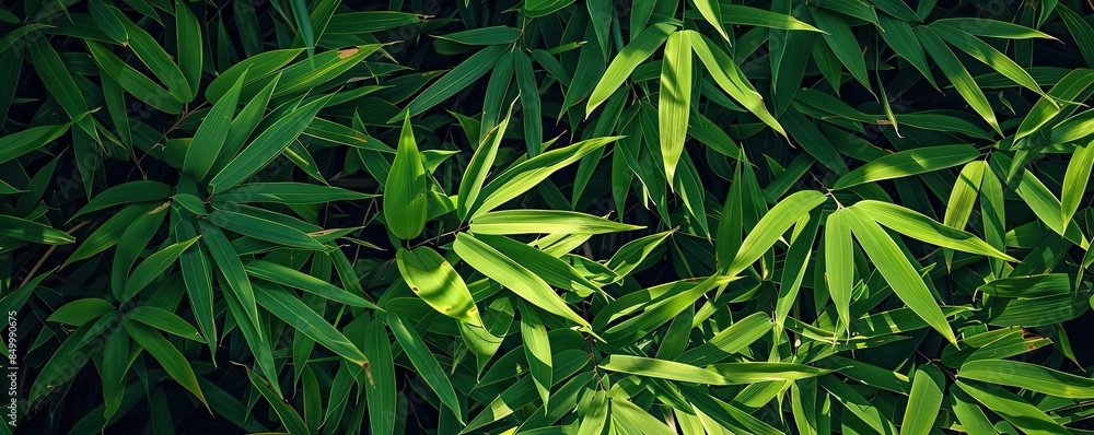 Poster lush green bamboo leaves in sunlight, creating a refreshing and natural background ideal for nature-