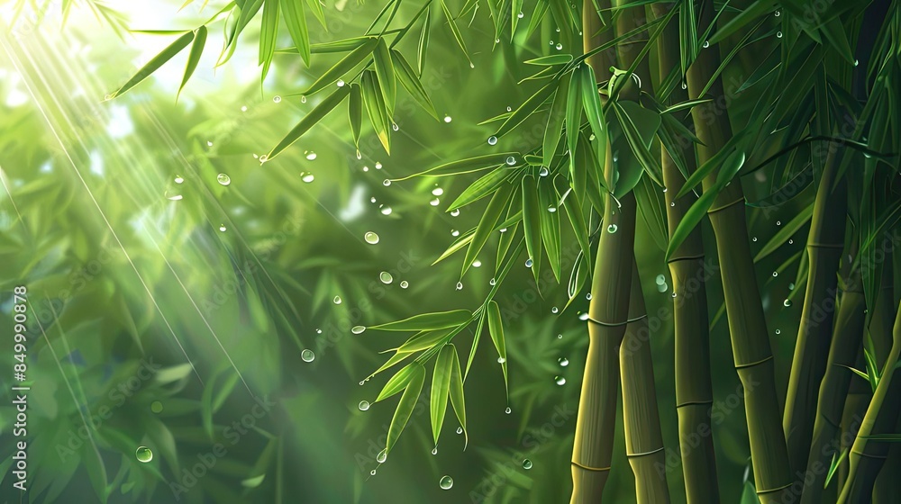 Poster Sunlight filtering through lush green bamboo forest with dew drops, creating a serene and tranquil natural scene.