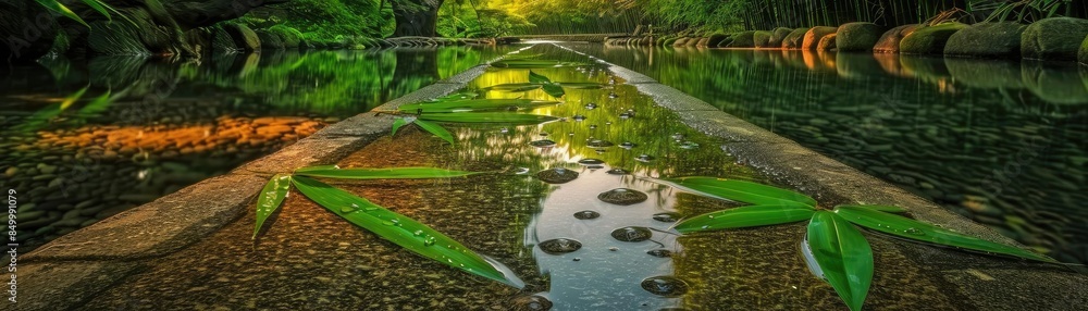 Poster calming nature scene with bamboo leaves on a reflective path in the forest, surrounded by lush green