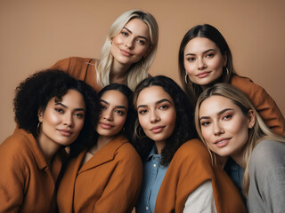 Obraz premium A group of women taking a photo, displaying faces, smiles, and layered hair