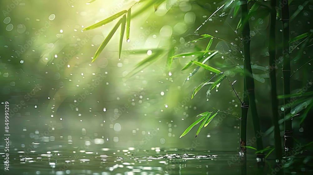 Poster serene bamboo forest with raindrops falling gently, creating a peaceful atmosphere in nature. perfec