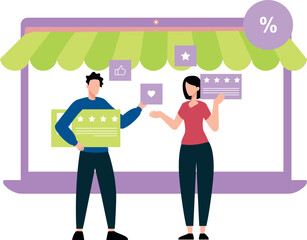 Girl and boy are telling about discount on online shopping.