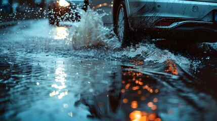 An off road vehicle drives through a water hole with splashing mud and water