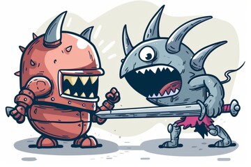 Cartoon cute doodles of a brave knight fighting a monster, Generative AI