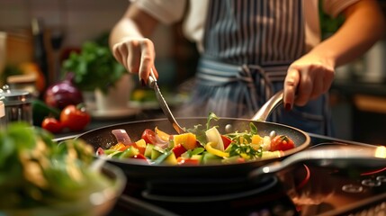 Close-up of a frying pan with stir-fried vegetables on an induction hob. Woman cooking. Cooking concept. Kitchen equipment. Appliances.