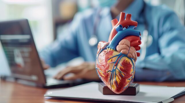 Close-up of a heart organ model on a cardiologist's desk. Educational model on a desk in a medical college.