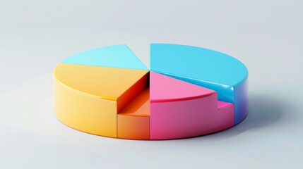 Obraz premium 3D pie chart with distinct colorful segments, on a clean white flat background, ample space for text, professional and tidy design, clear and modern