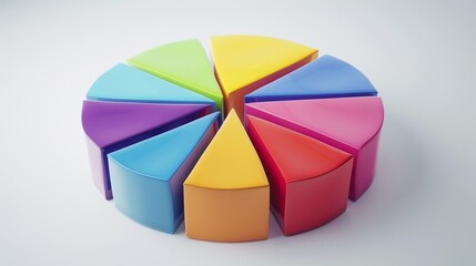 Obraz premium 3D pie chart with distinct colorful segments, on a clean white flat background, ample space for text, professional and tidy design, clear and modern
