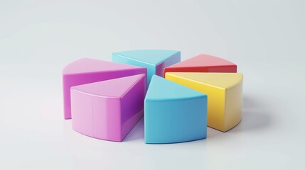 3D pie chart with distinct colorful segments, on a clean white flat background, ample space for text, professional and tidy design, clear and modern