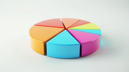Fototapeta premium 3D pie chart with distinct colorful segments, on a clean white flat background, ample space for text, professional and tidy design, clear and modern