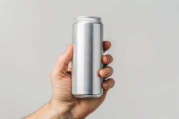 slim aluminium can in hand, pov view, white background 
