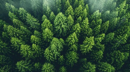 Fototapeta premium Aerial view of a dense green pine forest with mist in the morning, showcasing the beauty and tranquility of nature and lush greenery.