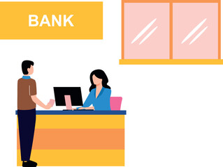 The boy is standing at the reception desk of the bank.