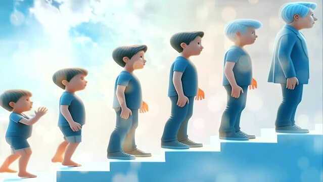 Transformation from childhood to old age in a park, seamless looping 4k 3D animation