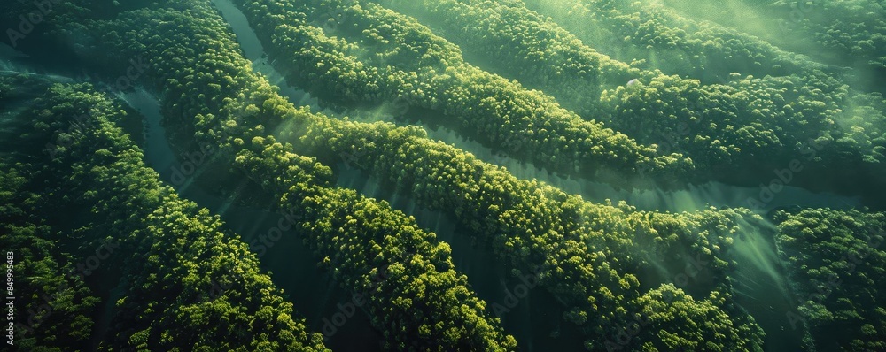 Poster aerial view of lush green forest covering rolling hills, bathed in sunlight, creating a serene and p