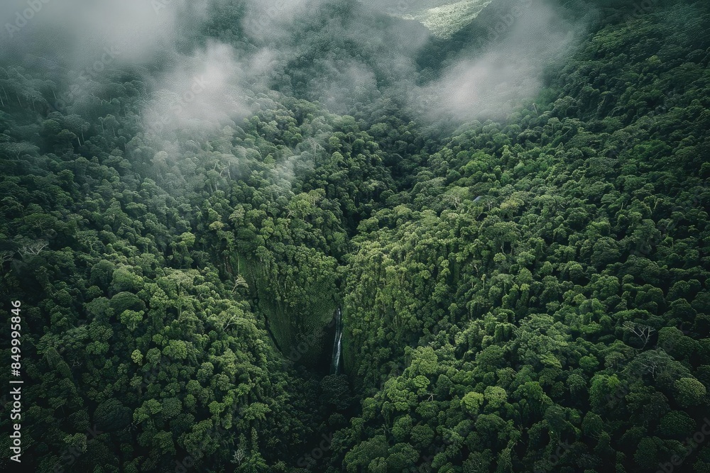 Poster aerial view of a lush, green rainforest with misty clouds and a hidden waterfall amidst dense foliag