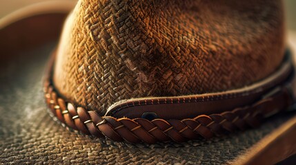 Detailed view of a brown cowboy hat with a stylish leather band, emphasizing its Western charm against a clear backdrop