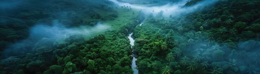 Aerial view of a dense, misty rainforest with a winding river cutting through lush greenery, enveloped in fog creating a sense of mystery and serenity.