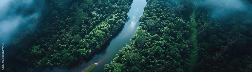 Poster aerial view of a serene river winding through lush, misty forested mountains, creating a tranquil an