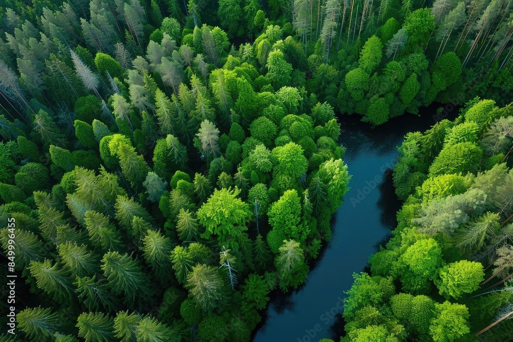 Poster a stunning aerial view of a lush green forest with a winding river creating a beautiful contrast in 