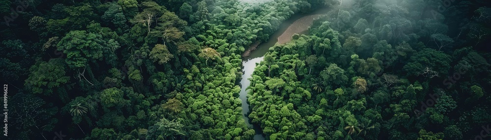 Poster aerial view of lush green tropical rainforest with winding river surrounded by dense trees and misty